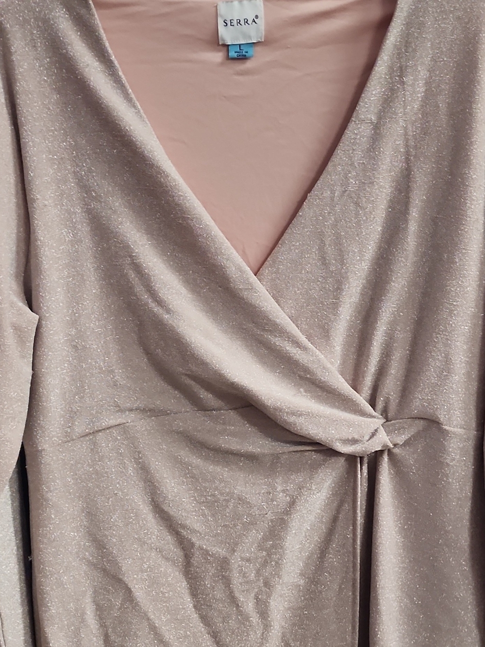 Serra Shimmery Nude Wrap-Front Long Sleeve Dress - Picture 3 of 6